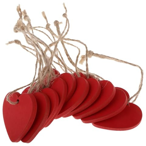 Red Wooden Love Hearts (10 Pack) with String – Red Painted MDF Wood Heart Shapes (4cm x 4cm) with Hanging Hole - Decorations, Wedding, Anniversary, Valentines
