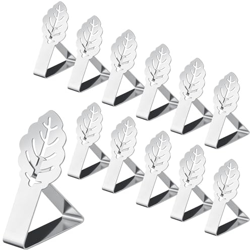VINATO 12 Piezas Sujeta Manteles de Mesa Exterior, 4cm Pinzas Manteles de Mesa Acero Inoxidable, Ajustable Sujetadores Plata Mantel Exterior para Jardín Cocina Oficina Fiesta Restaurante(Hoja Flor)