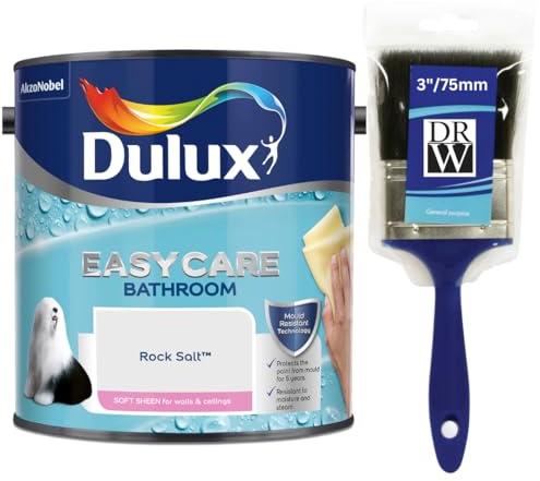 Rock Salt Dulux Easycare Bathroom Soft Sheen Paint 2.5L + 3 Emulsion Paint Brush– Moisture & Steam Resistant, Mould Protection, Washable Durable Finish for Bathroom Walls & Ceilings