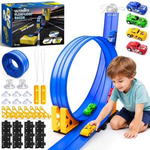 BunnyJOY Circuits de Course de Voitures Flexibles 4,5 m, Circuit Voiture Enfant Double Voie avec 4 Voitures, Piste de Course Flexible Portable et Enroulable, Jouet Garçon Fille 3 4 5 6 Ans