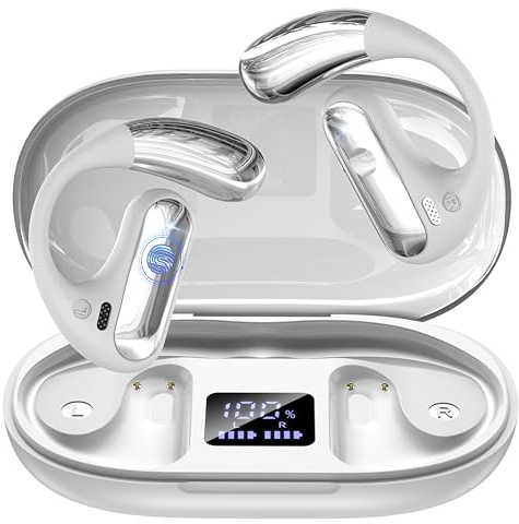Auriculares de oreja abierta, Bluetooth 5.4 inalámbricos con ganchos para los oídos, tiempo de reproducción de 40 horas, llamada clara de IA, estuche de carga con pantalla LED, IPX7 impermeables