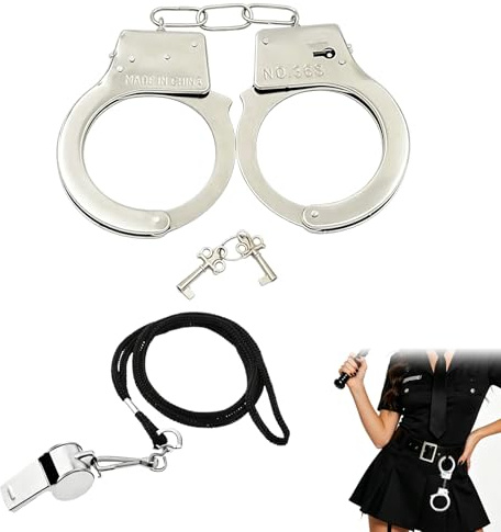 MAXMURYS Esposas de Juguete con Silbato, Disfraces de Policía, Juego de rol, Fiesta Temática y Carnaval, Incluye Llave, Color Plateado