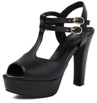 Generico Sandali Donna con Plateau Tacco Blocco T-Strap Punta Aperta Pelle PU Doppia Fibbia Regolabile Estate Festa Club,Nero,42 EU
