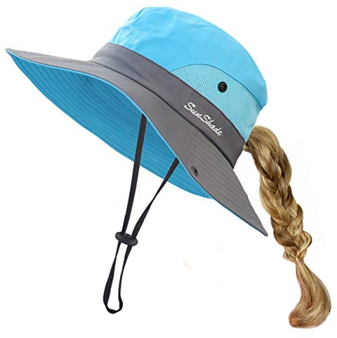 HGGE Sonnenhut für Kinder, Mädchen, UV-Schutz, breite Krempe, Strandkappe mit Pferdeschwanzloch - Blau - Einheitsgröße