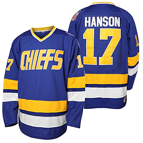 Hanson Brother 16 Jack 17 Steve 18 Jeff Charlestown Chiefs - Camiseta de hockey cosida para hombre, 17 Azul, Medium