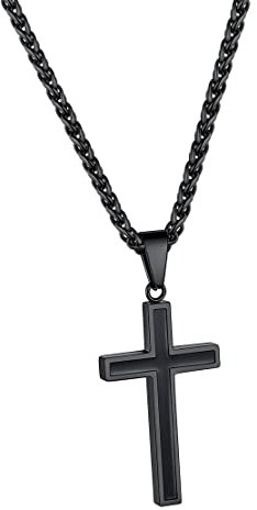 FindChic Pendentif Croix pour Homme Noir Croix Collier Enfant Garcon Chaine Religieuse Cadeau Copain Mari Papa Chaines 55 cm Ajustable