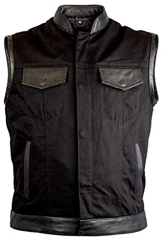 Gilet da motociclista jeans nero con dettagli in pelle modello SOA di IGUANA CUSTOM COLLECTION stile biker custom per mettere toppe da club o freebikers, Nero , XXXL