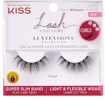KISS Lash Couture LuXtensions Collection False Eyelashes, Flat Lash Technology, Super Slim Lash Band, Real Lash Extension Fibers, Reusable, Style ‘Velvet', 12mm, 1 Pair Strip Lashes