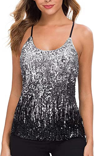 WILLIAMHUA Damen Pailletten Tops Glitzer Oberteile Sparkle Party Weste Ärmellos Tunika Weste Damen Sequin Tank Top (L, Schwarz)