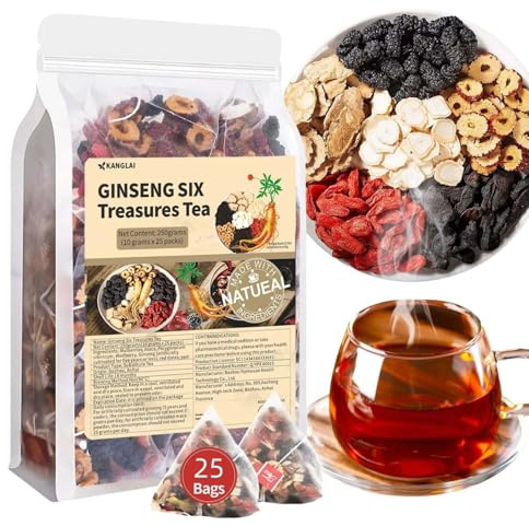 Jgfwat 25 Beutel Ginseng Six Treasure Tea,Kidney Detox Tee, Ginseng Rote Dattel Natürlichen Chinesischen Kräutertee,raditional Chinese Herbs for Men & Women(250 g/10 g x 25 Beutel)