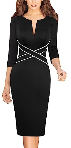 VFSHOW Womens Black Patchwork Classy Work Business Casual 3/4 Sleeve Slimming Fitted Front Zipper Crisscross Waist Office Party Church Pencil Sheath Dress 10723 BLK XL