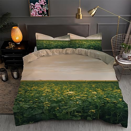 Housse de Couette 220x240 Marron Parure de Lit 220x240 Adulte Fleur de Colza ImpriméEs Housses de Couettes Microfibre Douceur avec 2 Taies d'oreiller, avec Fermeture ZippéE
