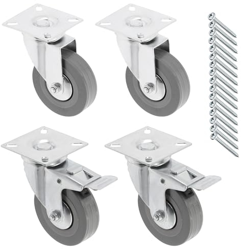 GTV - Ruedas para muebles GREYROLL, juego de 4 ruedas para muebles, 2 ruedas con freno, 2 sin freno, de acero y goma, +16 tornillos PanHead 5 x 15/16, diámetro: 75 mm, color: gris