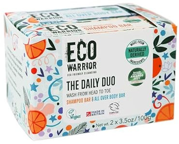 Eco Warrior Daily Duo Shampoo & All Over Body Soap Bar | Vegan, Cruelty Free, Eco Friendly, No SLS or Parabens | With Orange & Eucalyptus essential oils and Shea Butter Blends | Gifts for her 100g x 2