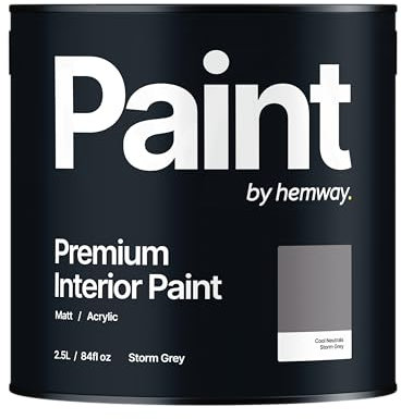 Hemway Storm Grey Paint 2.5 L, Indoor Matt Finish, One Coat, Wall Paint, Acrylic & Water-Based Emulsion, Quick Dry & High Coverage for the Kitchen, Bathroom & Bedroom Walls & Ceiling