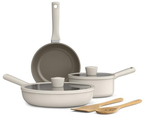 bella 7 Piece Cookware Set with EverGood™ Ceramic Nonstick Coating, Dishwasher Safe Oven Safe, All Stovetops Compatible, Glass Lids with Silicone Rims, Cool Touch Handles, Oatmilk