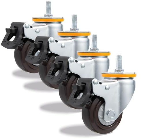 IMUNKT 100mm roulettes Pivotantes pour Meubles, M14/M16 Tige Filetée Roulette Charge Lourde, roulettes Transport en Caoutchouc, pour Chariot, Établis De Travail, Armoire (Lot De 4)(with Brake,M16*30)