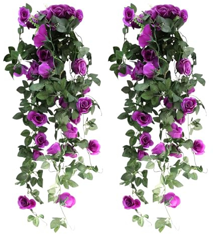 Konstgjord växt 2 stycken amplar 85 cm konstgjorda hängande växter falska siden ros blommor konstgjord växt murgröna växt konstgjord för badrum dekoration utomhus inomhus bröllop fönsterdekoration