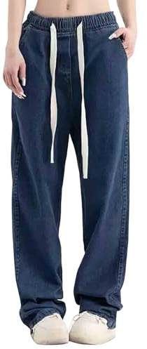 Vaqueros con goma elástica para mujer, pantalones boyfriend ancho de pierna, cintura alta, pantalones de ocio, largos para mujer