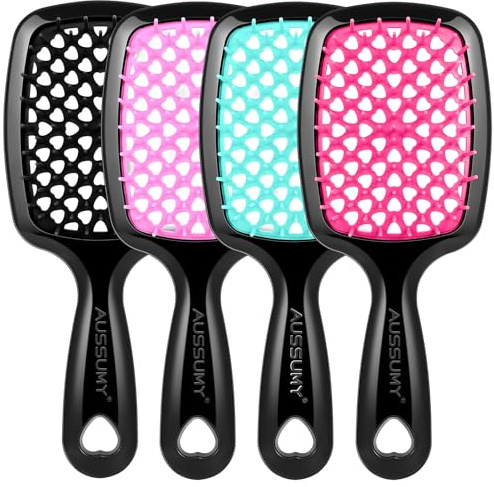 Aussumy 4 Pack Vented Detangling Hair Brush - Detangler Hairbrush with Soft Bristles for Effortless Tangle Free - Ideal for Wet Dry or Curly Damaged Hair for Women Men Kids