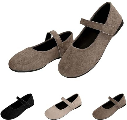 Ballerine ortopediche in camoscio Mary Jane da donna, comode e larghe con punta arrotondata, suola morbida, scarpe casual senza lacci, Marrone, 43 EU
