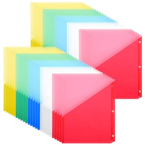 50 Pack Binder Pockets, 3 Hole Punch Clear Plastic Document Folders, Letter Size 9.25 x 11.2 Inch Clear Slash File Jackets, Binder Dividers with Pocket for Office
