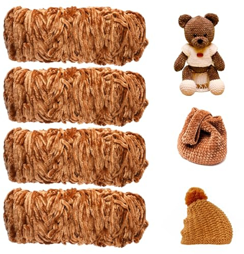 4 X 100 g Hilo de Chenilla de Terciopelo, 4 X 170 m Chenilla Súper Suave y Grueso, 4-Rollo Marrone Lana Chenille, para Tejer y Ganchillo Ropa, Suéter, Bufandas Trabajos Punto