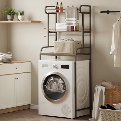 HAUSPROFI Waschmaschinenregal, Regal über Waschmaschin, Badezimmerregal mit Kleiderstange, Verstellbare Trennwände und Füße, Abgerundete Ecken, 70L x 50B x 180H cm (Schwarz)