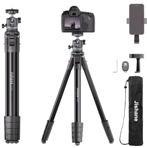 Jishane 72 Travel Tripod for Camera and Phone, Lightweight Aluminum Tripod with Arca Ball Head, Phone Holder, Quick-Release Plate, Wireless Remote & Carry Bag for DSLR Smartphone Video Recording