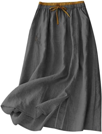 Jupe Coton Lin Femme Mi-Longue Midi Taille Élastique Cordon Serrage Poches A-Line Évasée Ample Fluide Été Jupe Bohème Chic Casual Jupes Plage Vacances Quotidien Ville Légère Respirante Couleur Unie