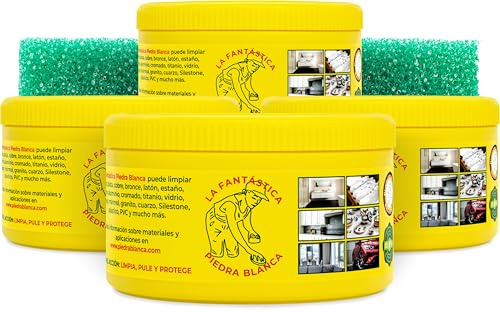 Pack 4x600 g La Fantástica Piedra Blanca Original | Arcilla de Limpieza Multiusos | Fórmula Alemana + 4 Esponjas de Regalo