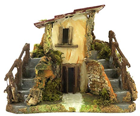 Ferrari & Arrighetti Casetta Rustica con Doppia Scalinata, Casa in Miniatura per Presepe, Edificio per Villaggio di Presepe, Materiali Vari, Multicolore, 20x15x17 Centimetri