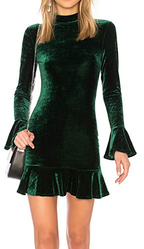 R.Vivimos Women's Winter Long Sleeve Velvet Ruffles Bodycon Mini Dress (XL, Green)