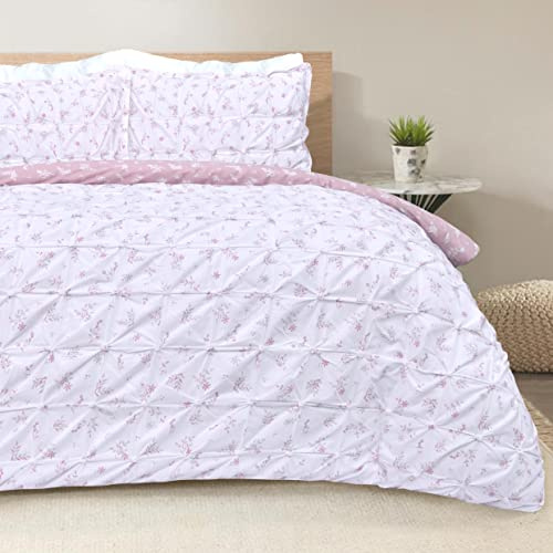 Sleepdown, Set di biancheria da letto bianco stampato con foglie rosa cipria, copripiumino double-face e federa, con motivo increspato, rosa e bianco, per letto king size (230 x 220 cm)