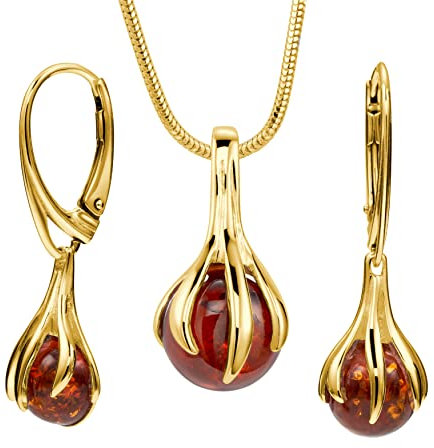 Copal Vergoldetes 925 Silber Schmuckset Mit Bernstein Anhänger Und Ohrringen