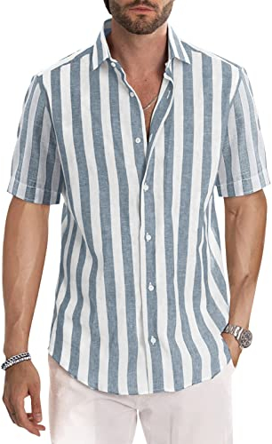 Meilicloth Gestreiftes Hemd Herren Kurzarm Freizeithemd Sommer Casual Regular Fit Grau Blau Weiß L