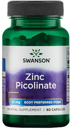 Swanson, Zinc Picolinate (Picolinato de Zinc), con 22mg de Zinc Elemental, 60 Cápsulas, Altamente Dosificadas, Probadas en Laboratorio, Sin Soja, Sin Gluten, no GMO