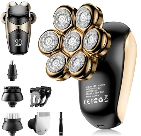 SHPAVVER Rasoio elettrico 5 in 1 IPX7 impermeabile per uomini calvi, display a LED a umido e asciutto, kit di toelettatura rotante ricaricabile 7D con carica di tipo C (A)