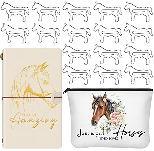 Fumete 24 Pcs Book Lover Gifts Sets Includes Journal Notebook Makeup Bags and Paper Clips Office Supplies for Book Lovers Women Teacher Nurse Student(Horse)