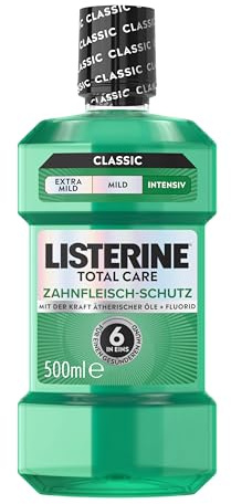 LISTERINE Total Care Zahnfleisch-Schutz 500 ml, schützende Mundspülung gegen Zahnfleischprobleme mit 6 in 1 Wirkung, antibakterielles Mundwasser stärkt die Zähne, bis zu 24h frischer Atem