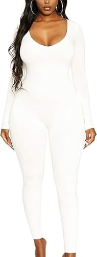 Rongseng Jumpsuit för damer, långärmad, rund hals, sportjumpsuit, lång och tajt, stretchig, sömlös, bodycon, yoga, bodysuit, overall, one piece, workout, playsuits, träningsdräkt, klubbkläder, Vit, L