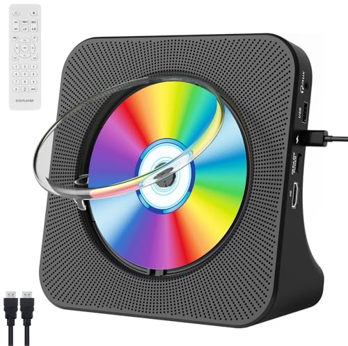 Qoosea Reproductor de DVD para TV con Bluetooth HDMI Reproductor de DVD y CD de Escritorio con Altavoces Pantalla Reloj Despertador Radio FM Reproducción de Tarjeta USB, Control Remoto e Cable HDMI