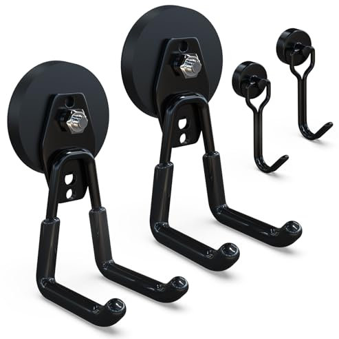 3-H Crochet Magnetique de Garage 2PC Grand,Crochet Aimanté Puissant 2PC Petit,Aimants Puissants avec Crochets Peut Suspendre 20 kg pour Etabli Atelier Jardin Garage Remise(Noir)