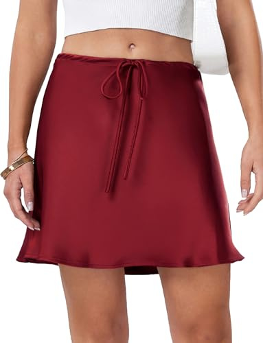 Maeau Dam satinkjol kort sommarkjol casual minikjol hög midja fritidskjol silke klockkjol satin kort kjol A linje dragsko halvkjol volangkjol S-XL, Vinröd, S