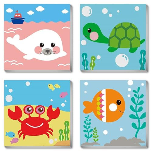 Canrichshop 4 Pack Framed Paint by Numbers Kit for Kids,Cute Sea Animals Painting Kits for Ages 4-6,Easy Paint by Number Kids Paint for Beginner,DIY Acrylic Oil Painting Kit for Wall Decor(8X8inch)