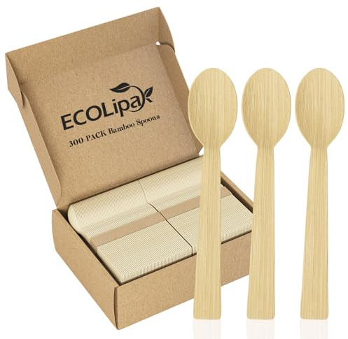 ECOLipak 300 Count Bamboo Spoons Disposable, 6.7 Inch No Splinters Heavy Duty Bamboo Disposable Compostable Spoons for Party, Wedding, Camping, Traveling, Family Dinners, Large Events
