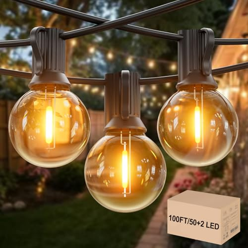 GLOBELIT 100FT Garden Bulb Lights 50+2 G40 Bulbs, IP45 Waterproof Outdoor Festoon Lights, Warm White String Lights with 1000FT Connectable Extension for Patio, Party, Wedding