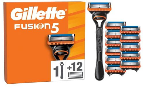 Gillette Fusion5 Rasoio Barba, 1 Rasoio Gillette + 12 Lametta Di Ricambio, Con Striscia Lubrificante Per Una Morbida Scorrevolezza E 5 Lame Per Una Rasatura Profonda E Duratura