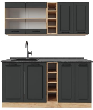 Vicco Singleküche R-Line, Anthrazit Landhaus/Goldkraft Eiche, 160 cm, AP Anthrazit, zur individuellen Kombination und Erweiterung geeignet