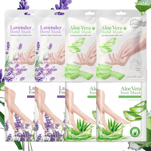 8 Paar Aloe Vera Lavendel Fußmaske und Handmaske - Fußpflege für Trockene und Rissige Füße - Feuchtigkeitsspendende Hornhaut Fussmaske Socken Handmaske Handschuhe für Männer Frauen